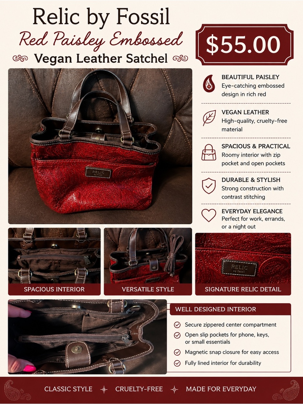 Relic Red Paisley Embossed Satchel with Brown Trim
